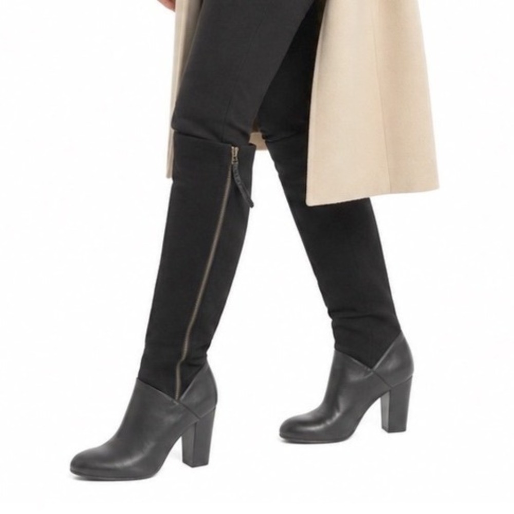 Elliott Luca Black Leather Suede Mixed Media Knee High Heel Boots Side Zip 03-06